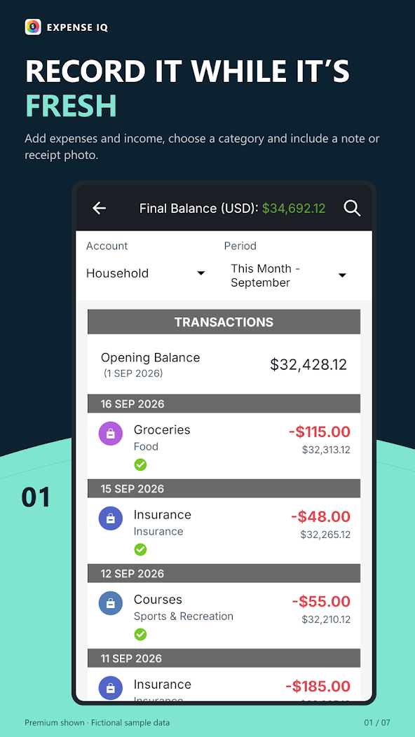 Expense IQ app showing a household account, transaction history, and receipt categories. Official Google Play screenshot with fictional sample data.