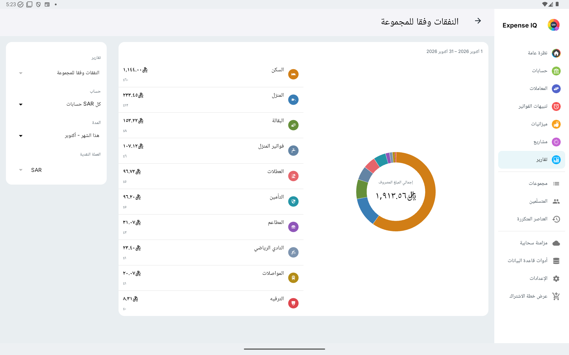تقرير حسب الفئة على جهاز Android لوحي أفقي
