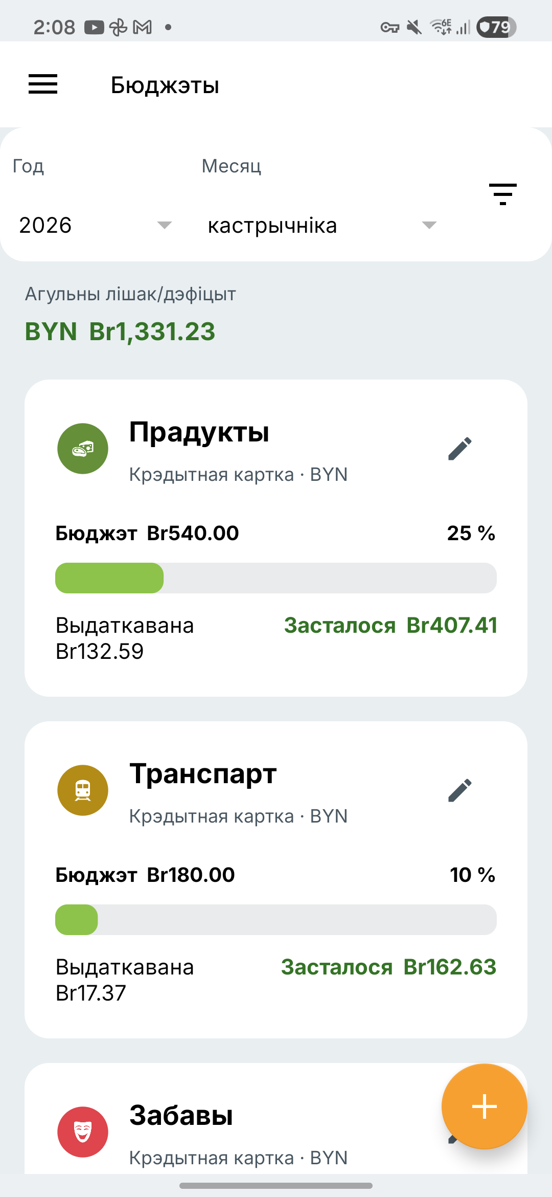 Экран бюджэтаў Expense IQ