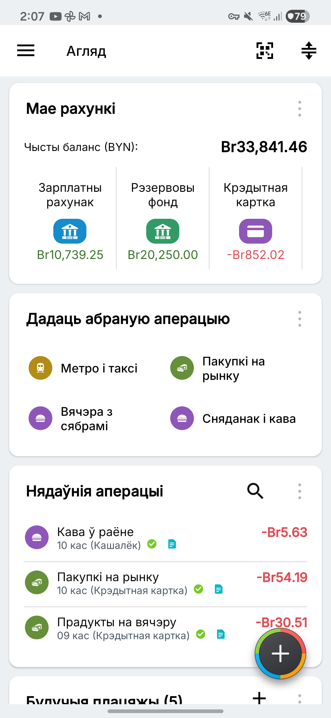 Агляд Expense IQ з выдуманымі бягучымі, ашчаднымі і крэдытнымі рахункамі