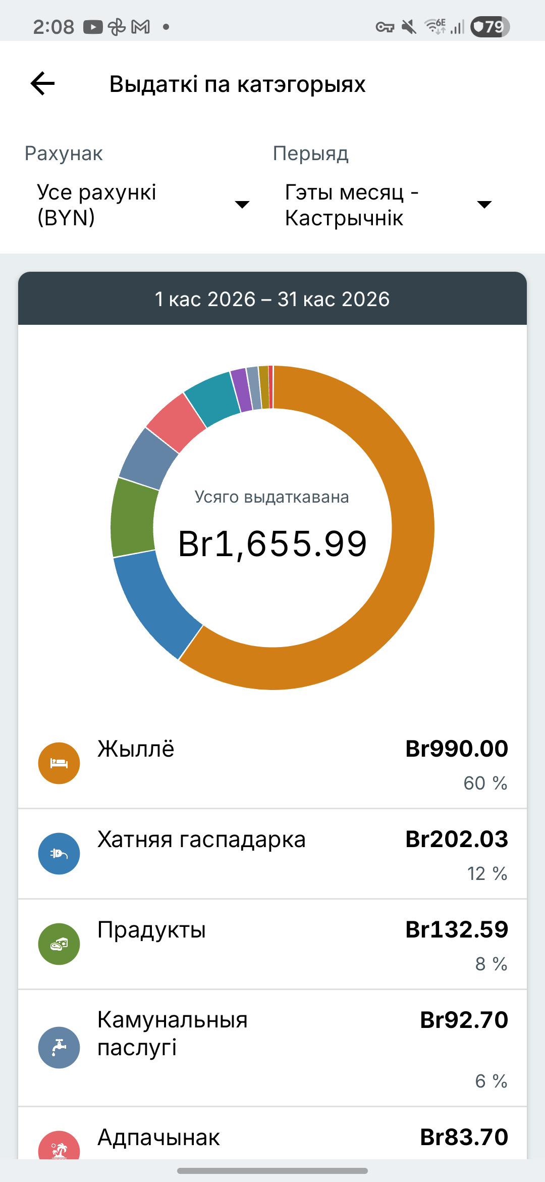 Экран справаздач па выдатках Expense IQ