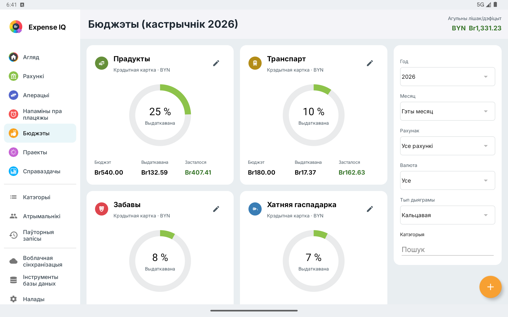 Карткі бюджэтаў і фільтры на гарызантальным планшэце