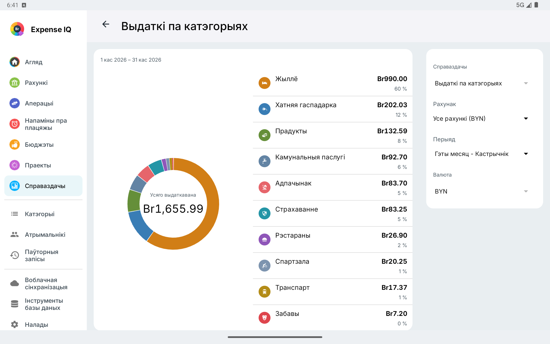 Справаздача па катэгорыях выдаткаў на гарызантальным планшэце