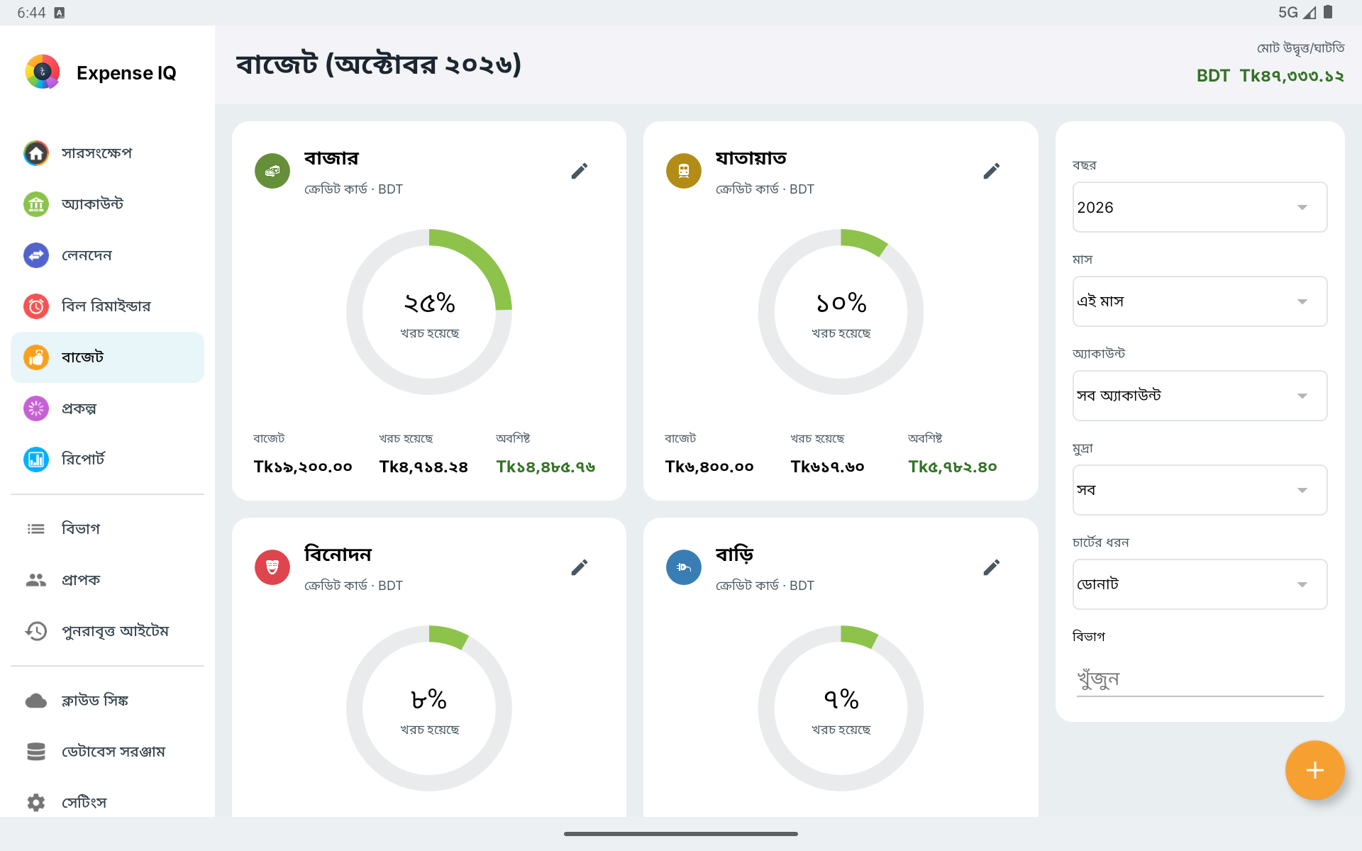 আড়াআড়ি Android ট্যাবলেটে বাজেট কার্ড ও ফিল্টার প্যানেল