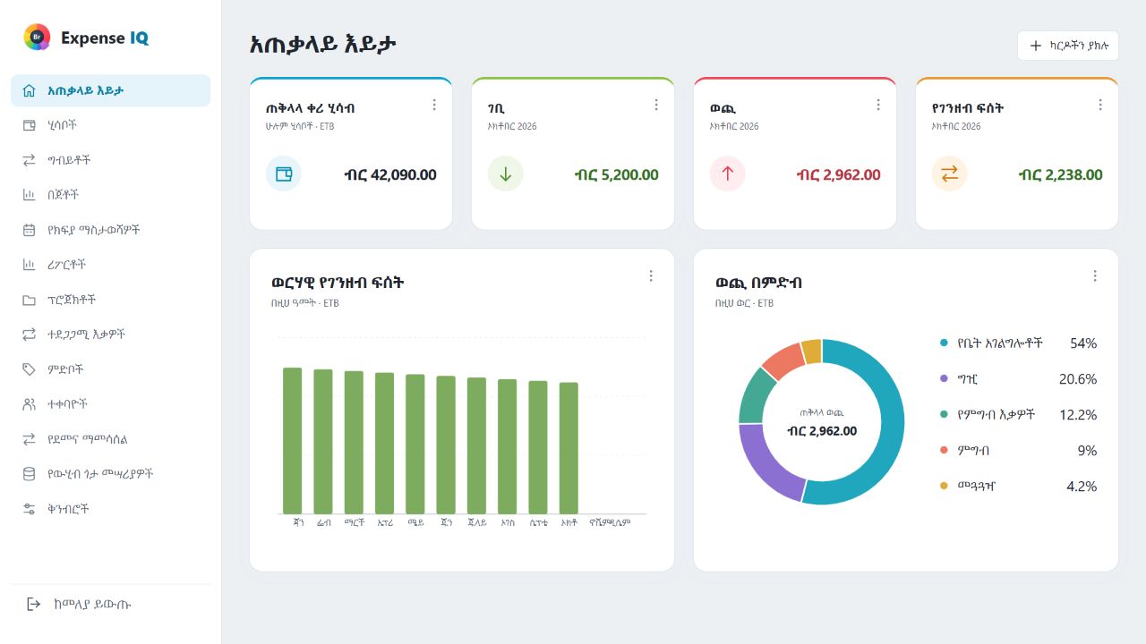 ምናባዊ የቤተሰብ መረጃ ያለው የExpense IQ ድር ማያ
