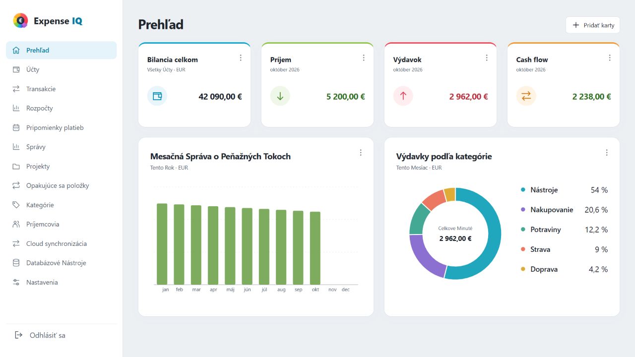 Webový prehľad Expense IQ s fiktívnymi financiami domácnosti