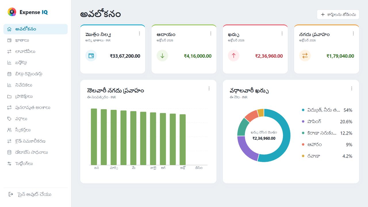 ఖాతాలు, నగదు ప్రవాహం, ఖర్చు వర్గాలతో Expense IQ వెబ్ డ్యాష్‌బోర్డ్