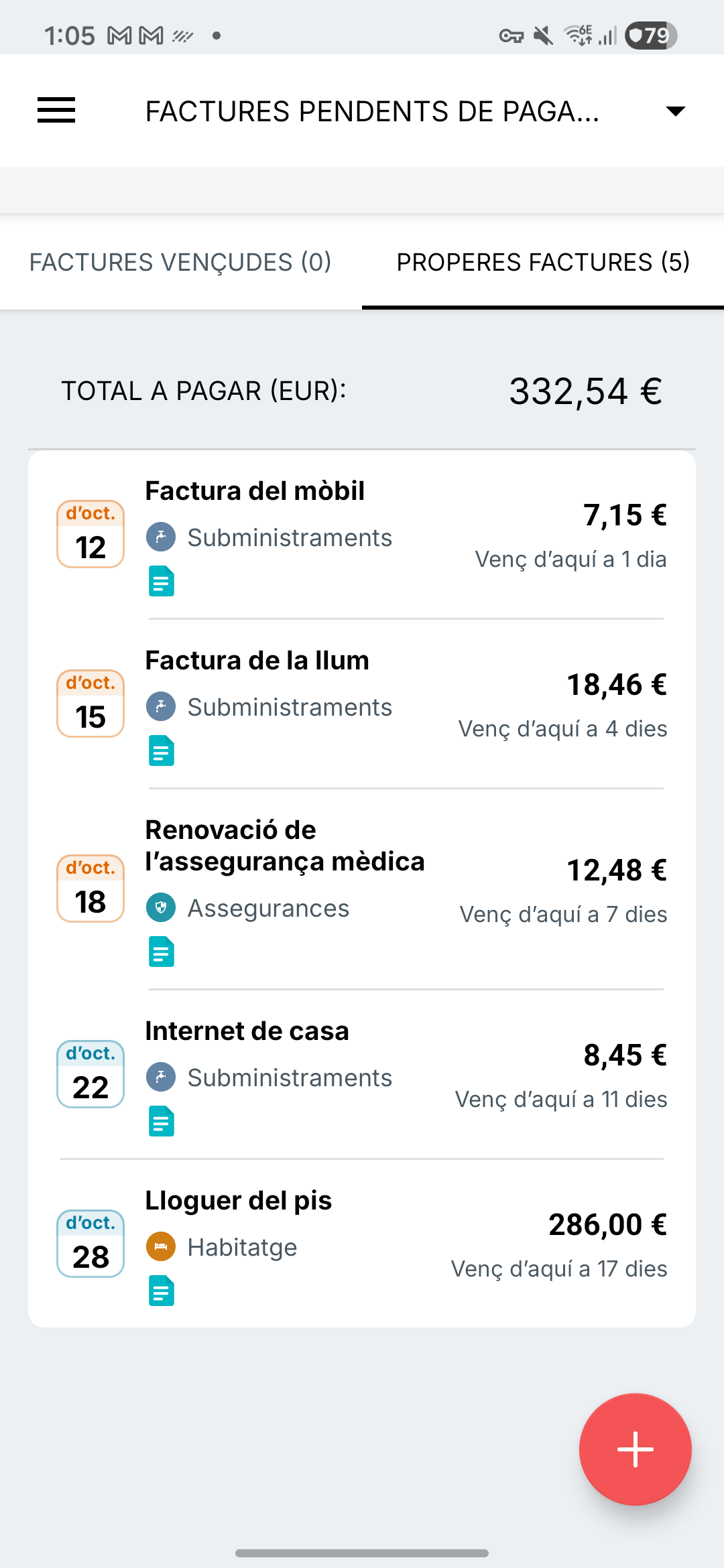Pantalla de recordatoris de factures d’Expense IQ