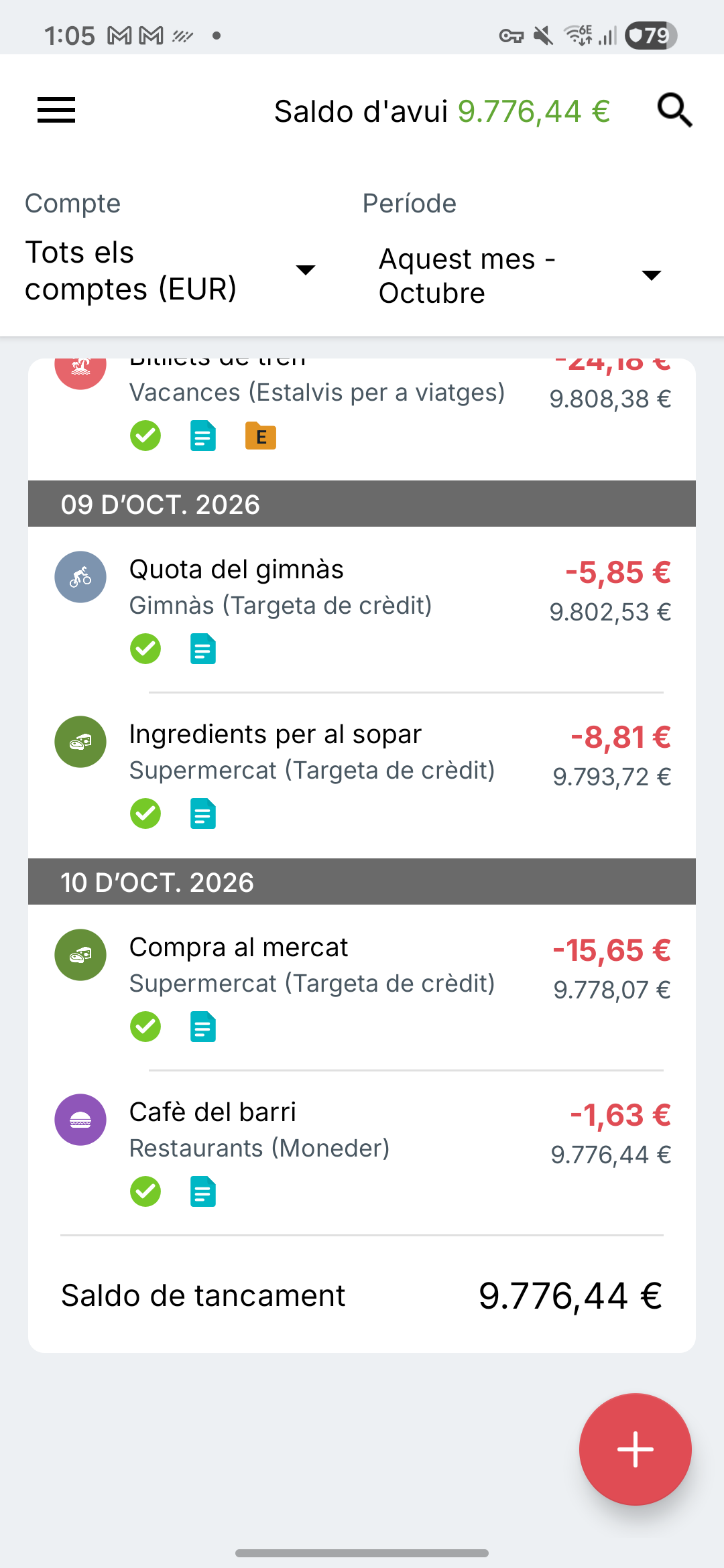 Pantalla de moviments d’Expense IQ