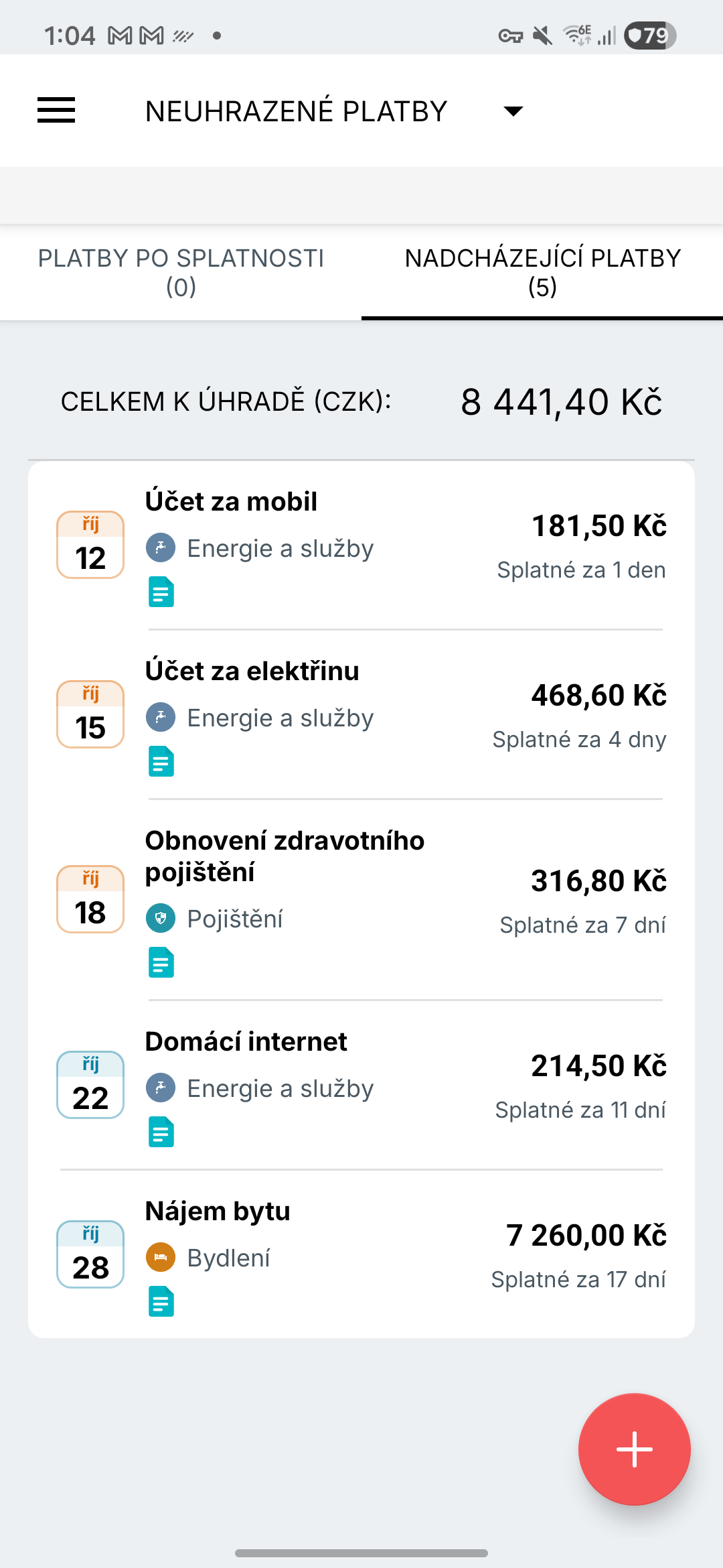 Obrazovka připomenutí plateb Expense IQ