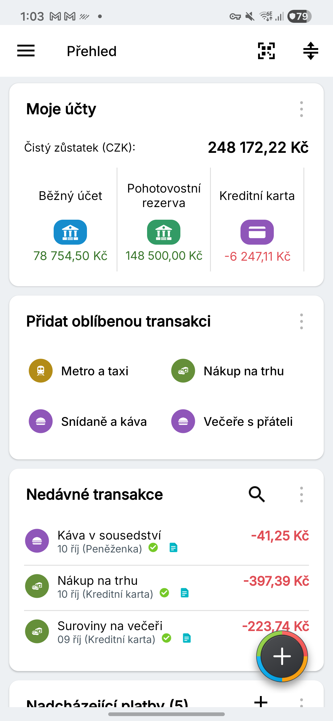 Přehled s fiktivními běžnými účty, úsporami a kreditními kartami