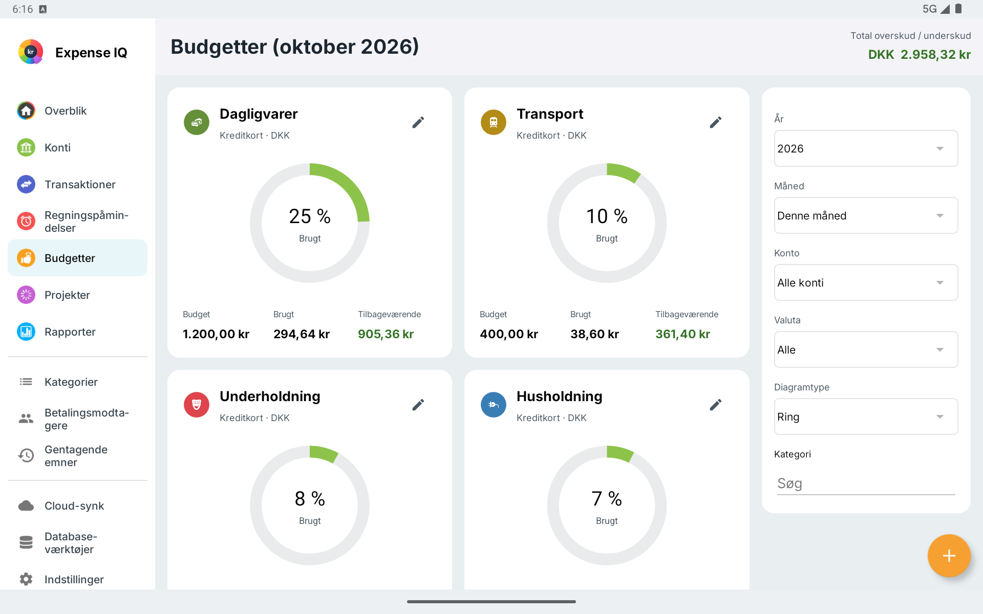 Budgetkort og filtre på Android-tablet i liggende format