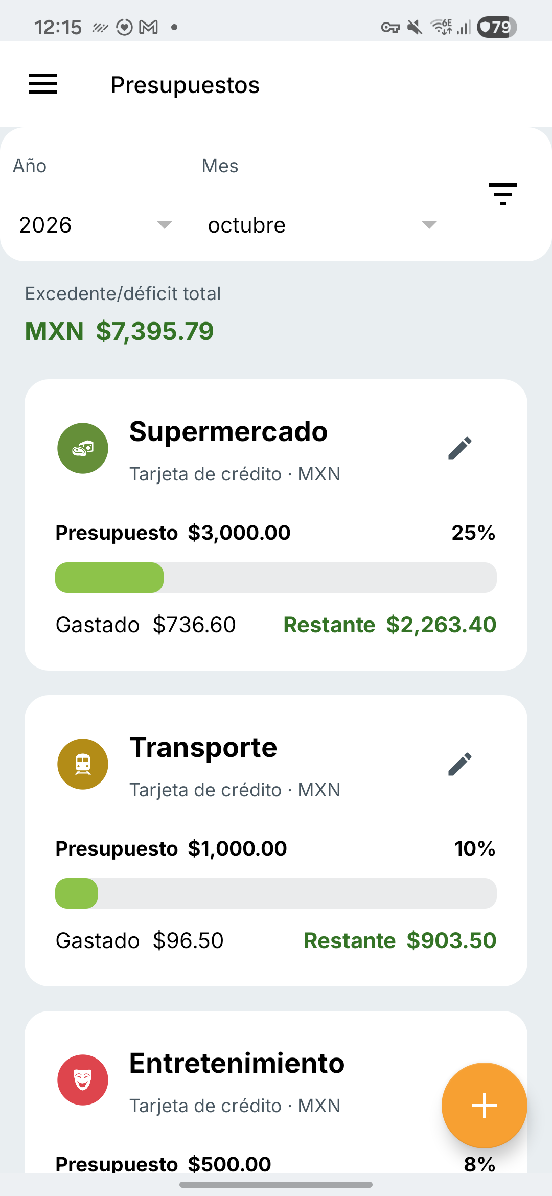 Pantalla de presupuestos de Expense IQ
