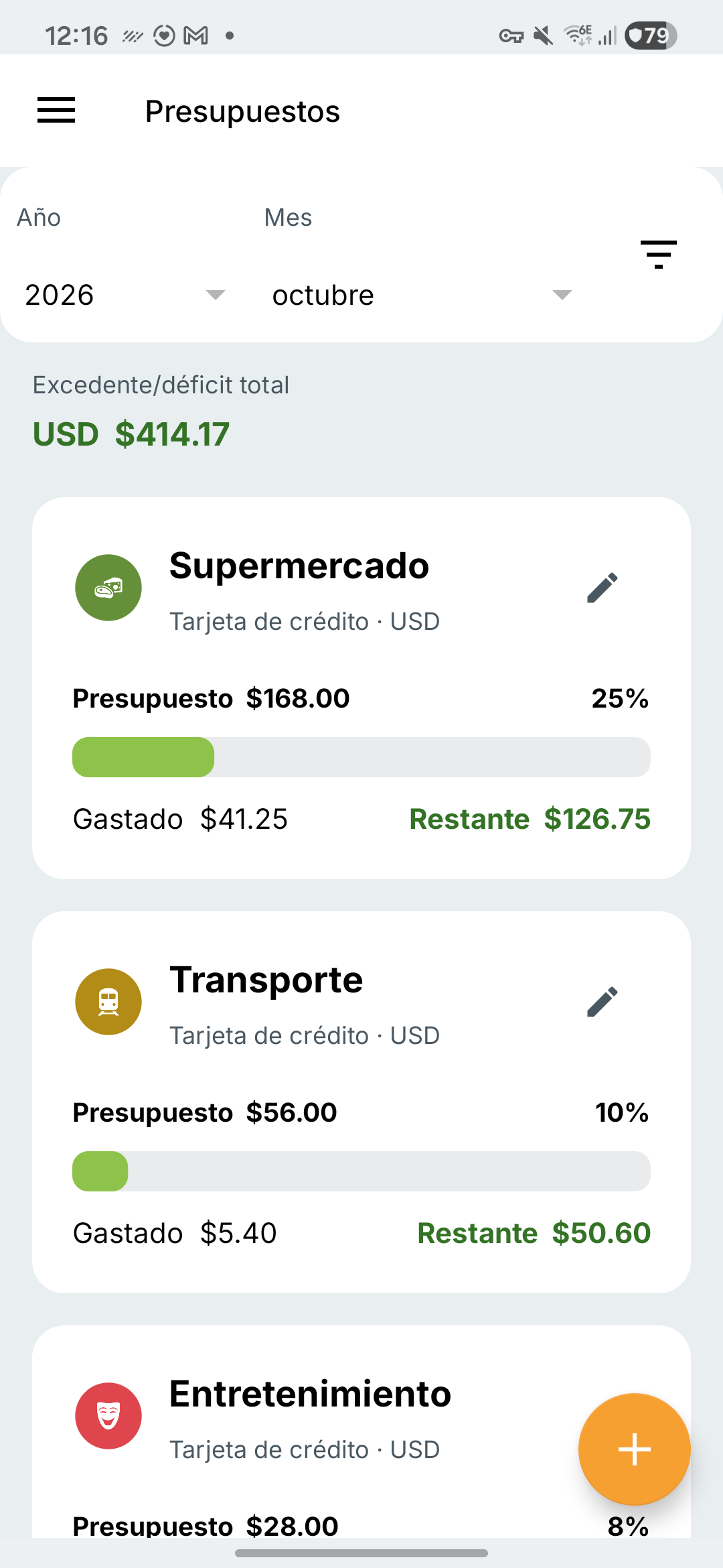 Pantalla de presupuestos de Expense IQ