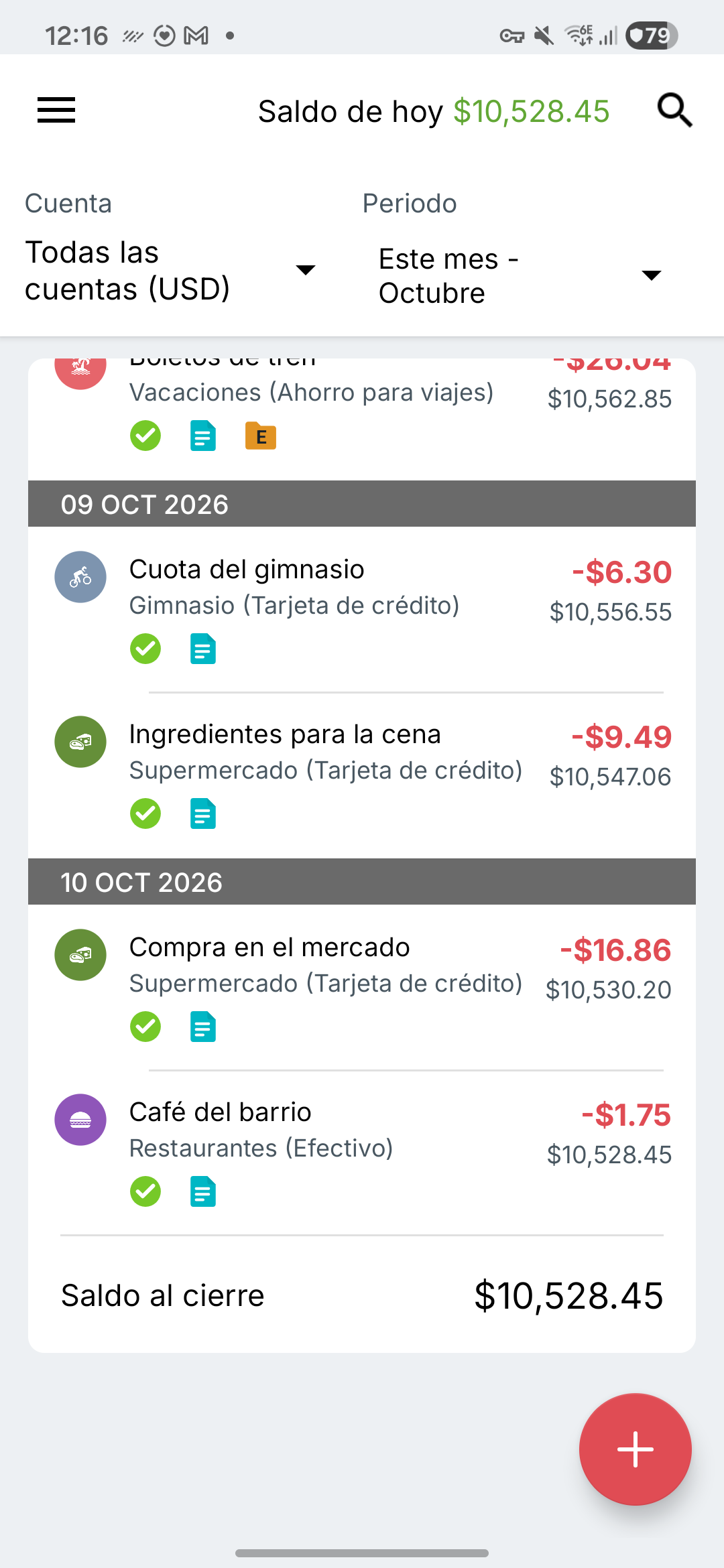 Pantalla de transacciones de Expense IQ