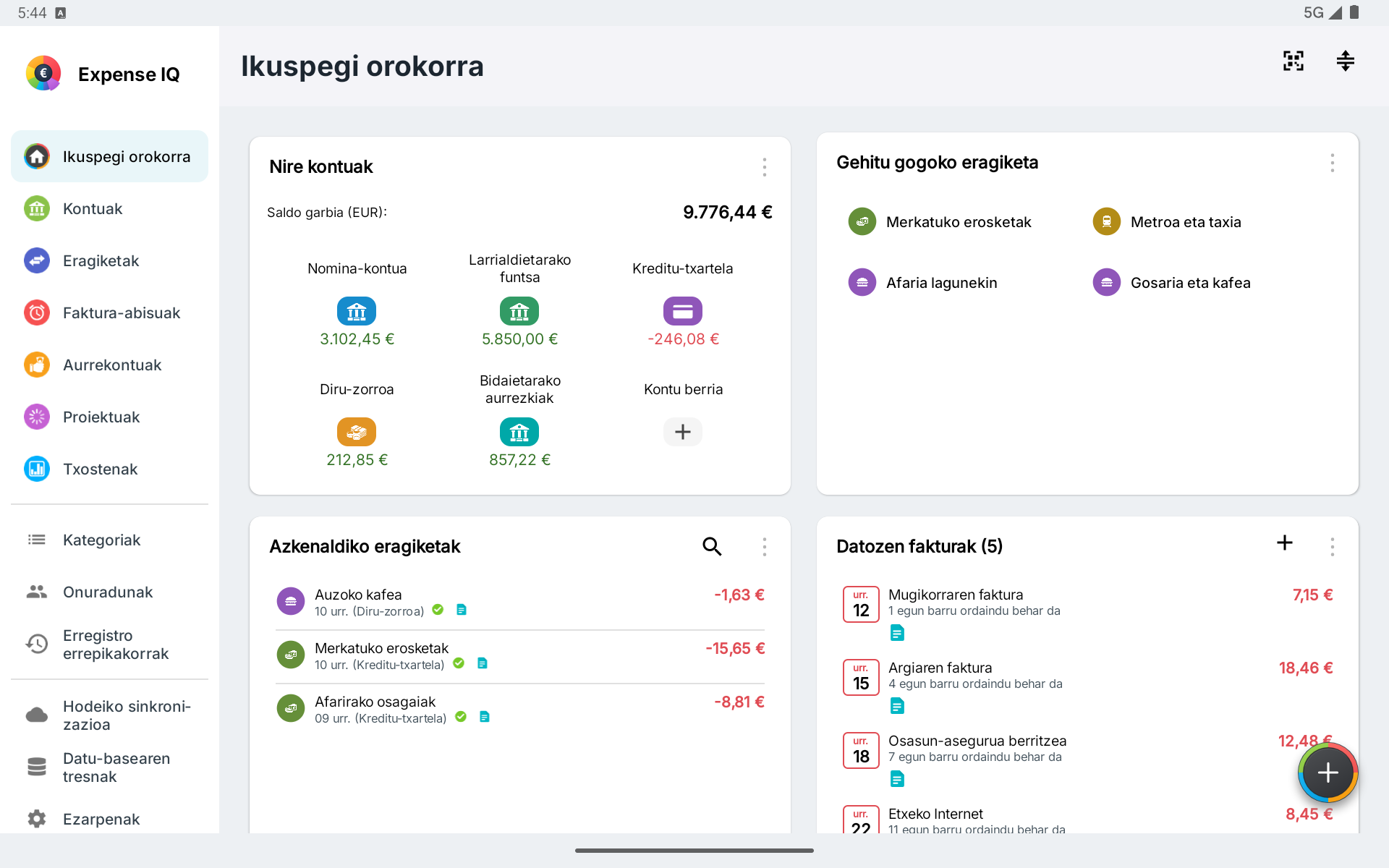 Tabletaren ikuspegi orokor horizontala