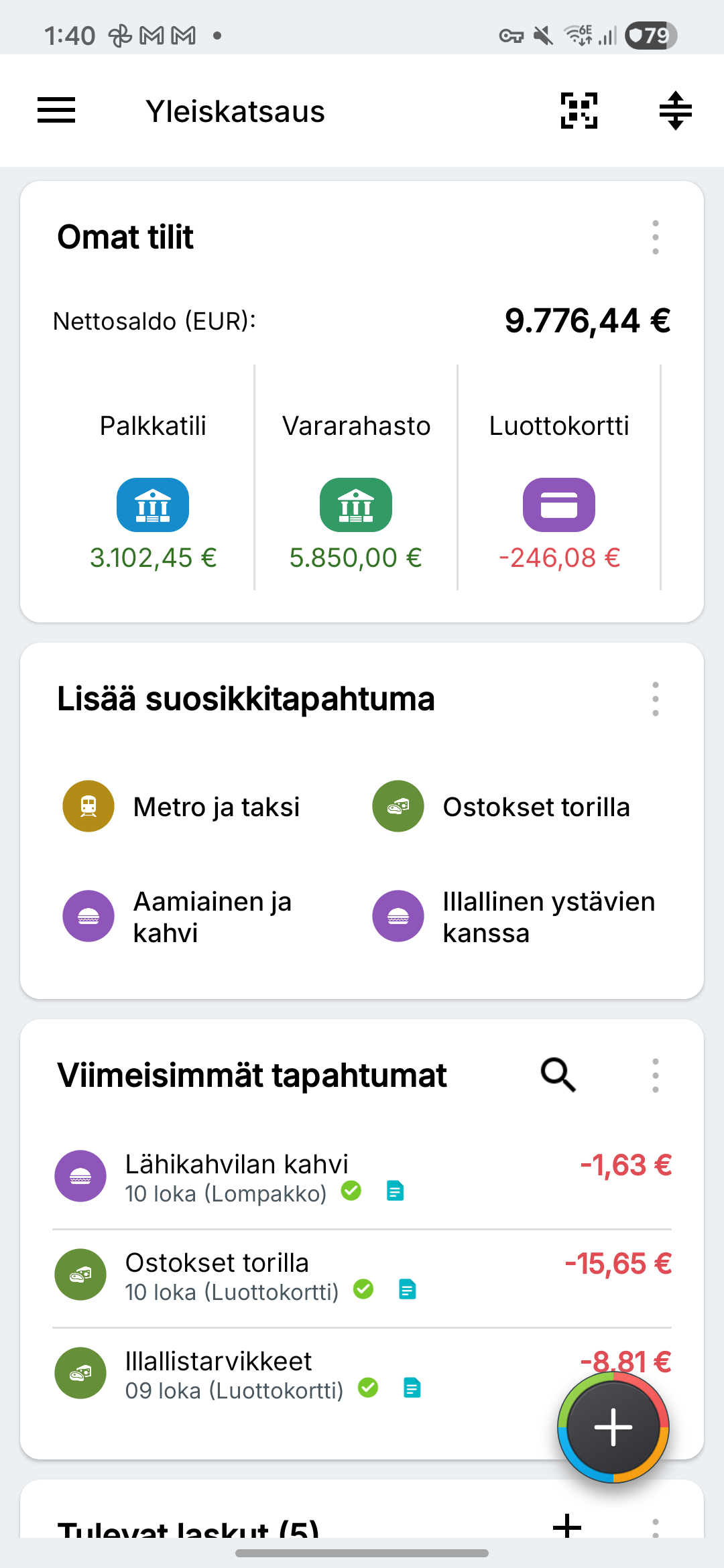 Yleiskatsaus kuvitteellisista käyttötileistä, säästöistä ja luottokorteista