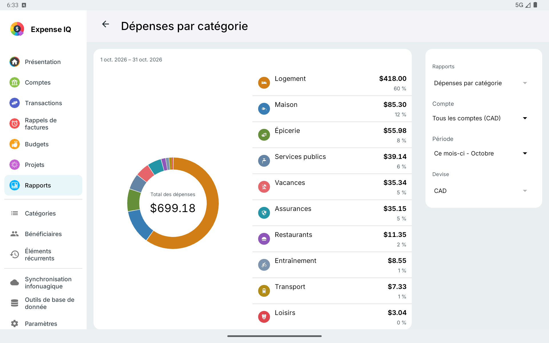 Rapport par catégorie sur tablette Android en paysage