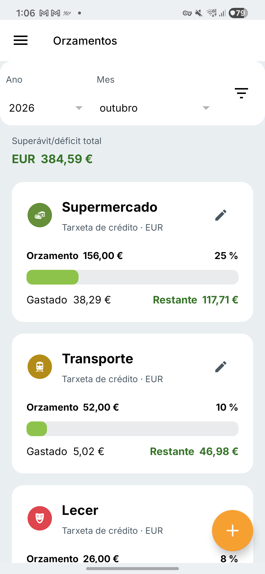 Pantalla de orzamentos de Expense IQ