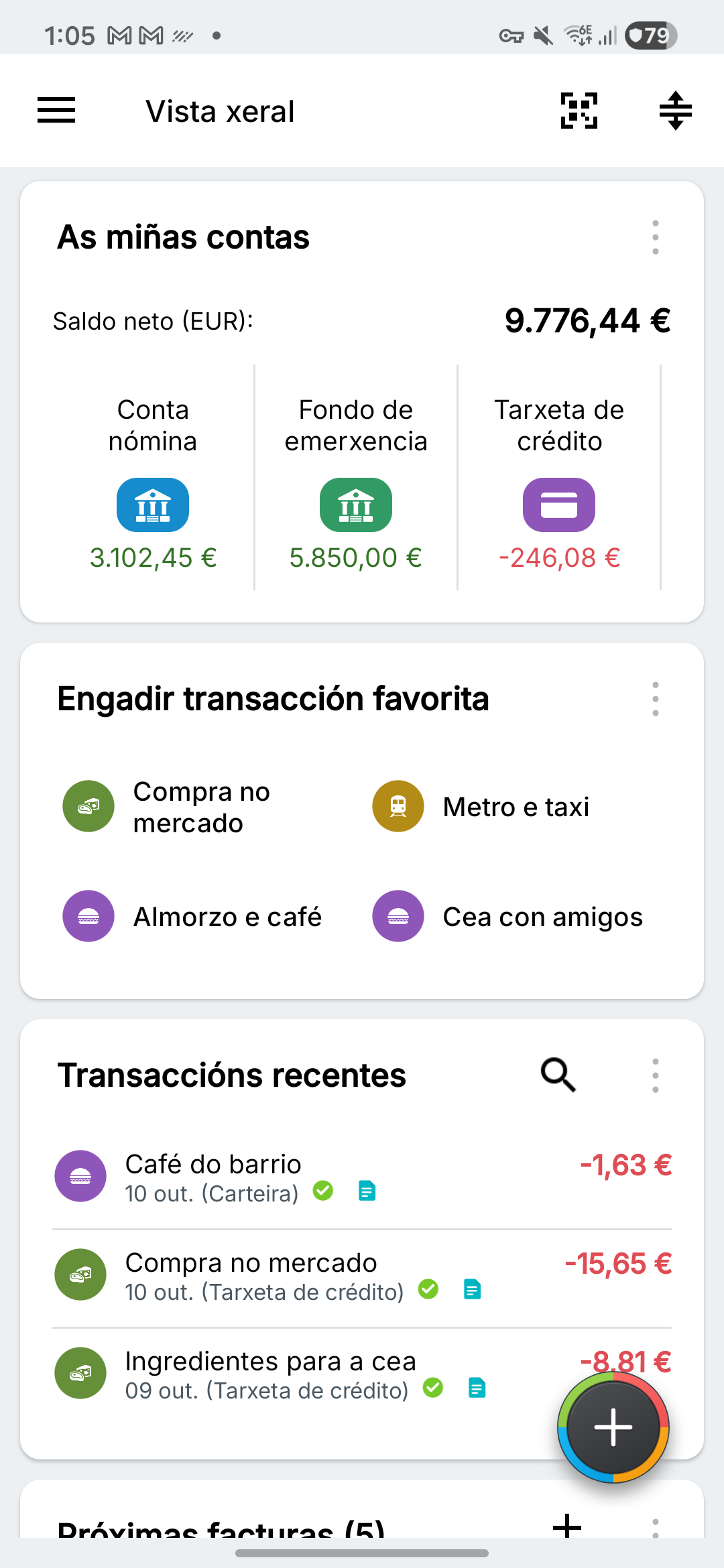 Resumo con contas correntes, aforros e tarxetas de crédito ficticios