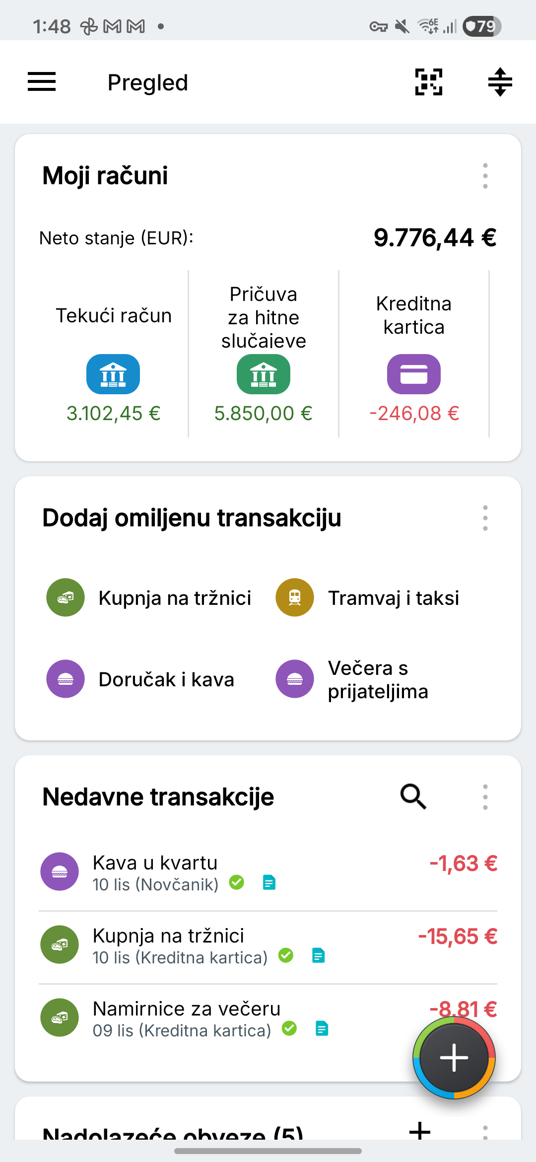 Pregled Expense IQ s izmišljenim tekućim, štednim i kartičnim računima