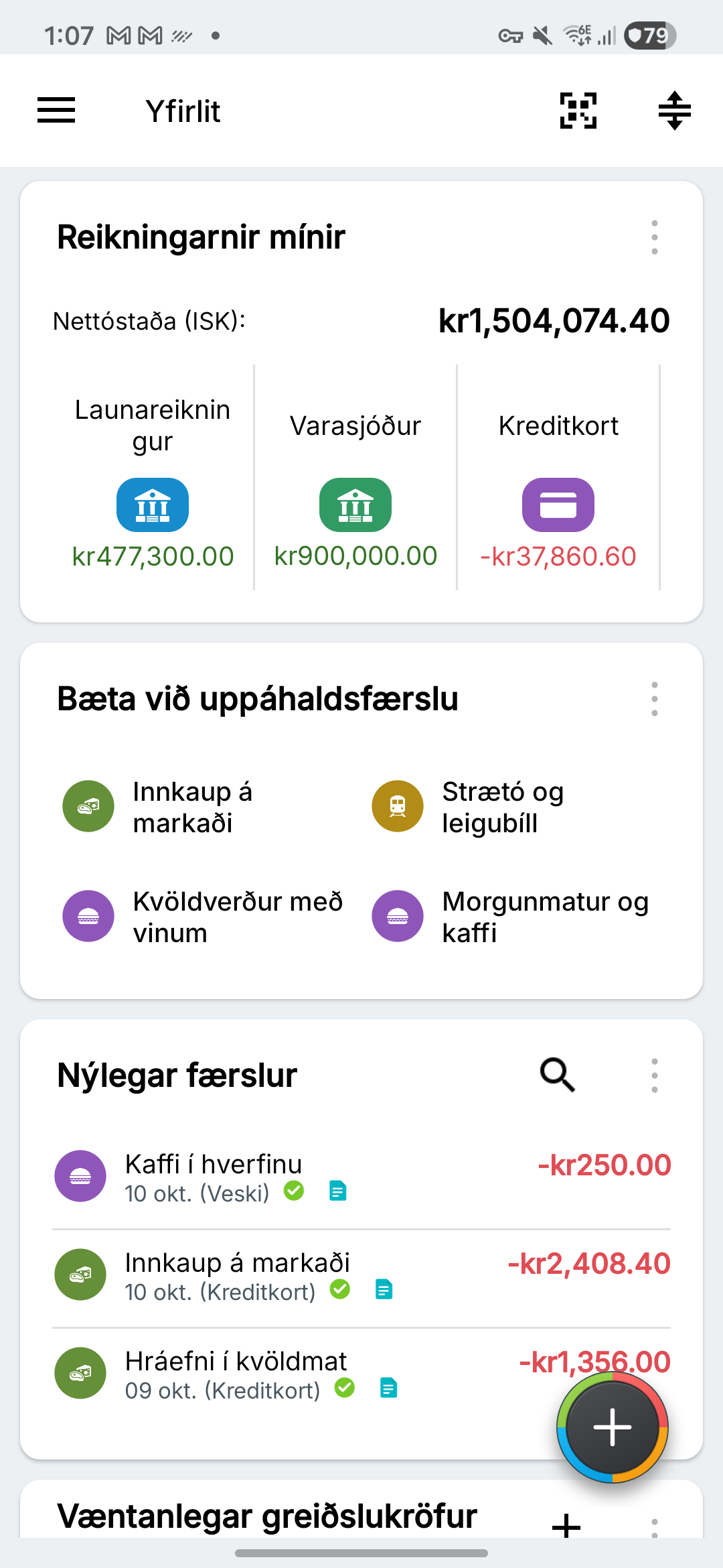 Yfirlit með skálduðum veltureikningum, sparnaði og kreditkortum