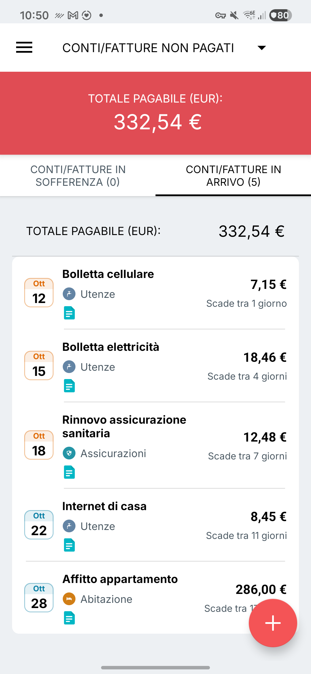 Schermata dei promemoria bollette di Expense IQ