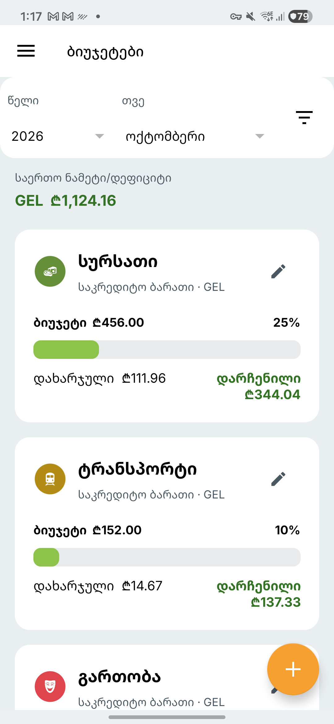 Expense IQ-ის ბიუჯეტების ეკრანი