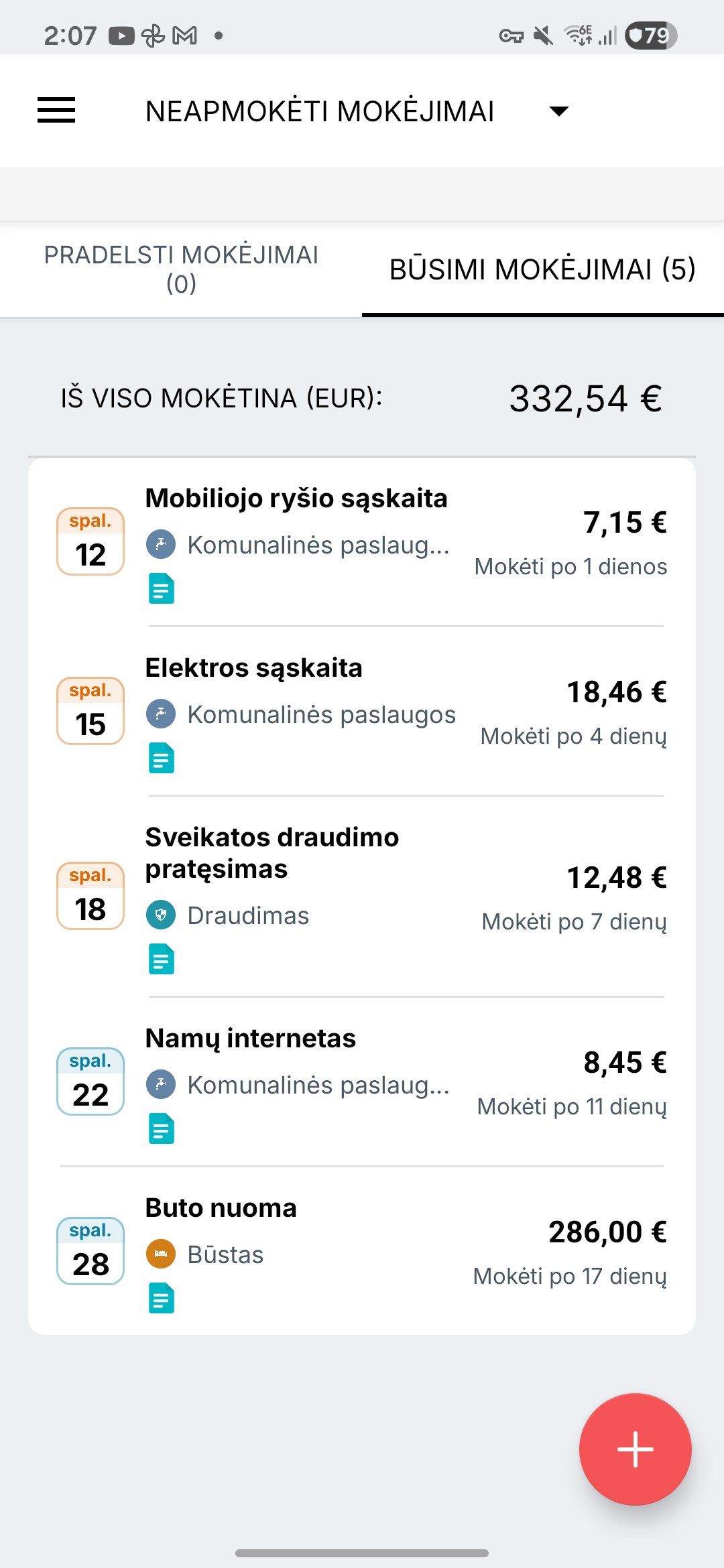 Expense IQ sąskaitų priminimų ekranas