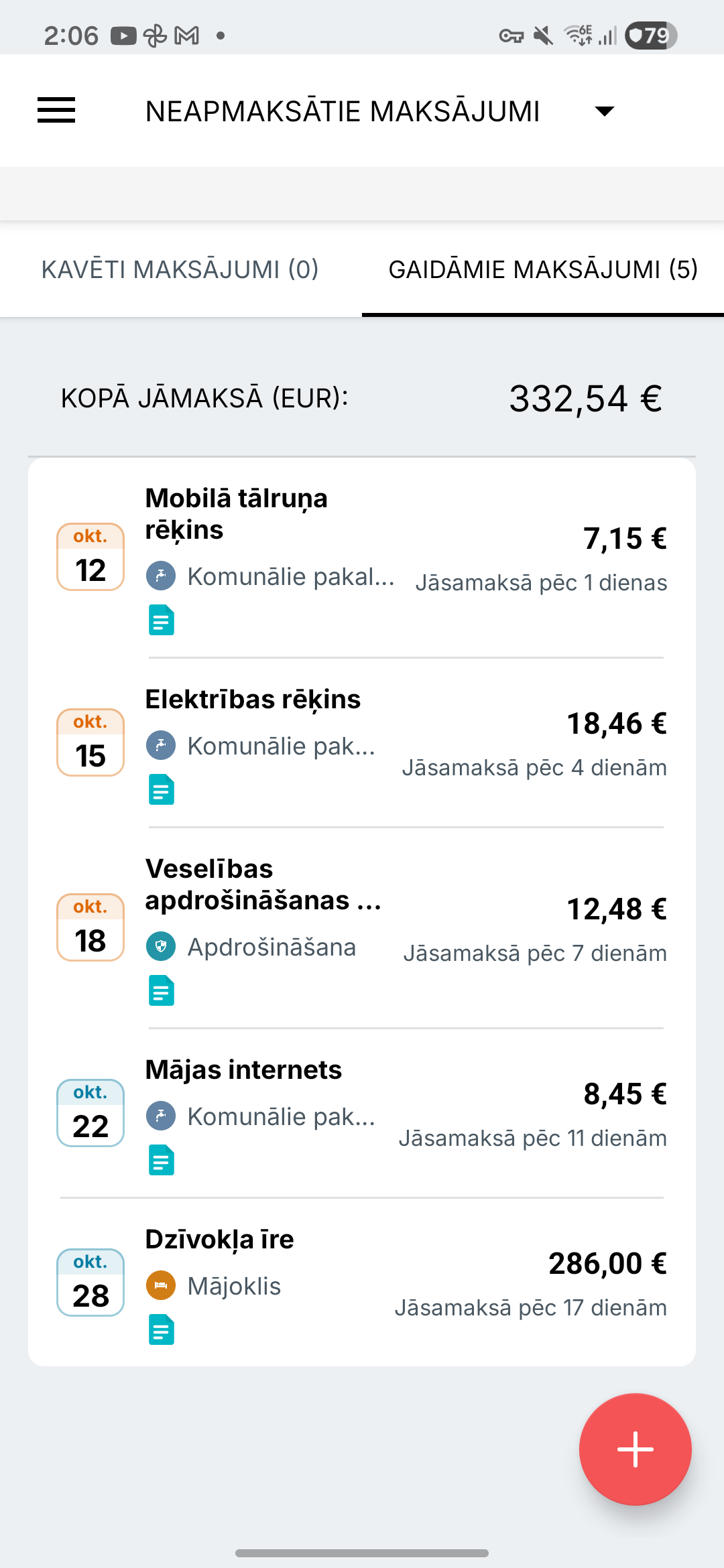 Expense IQ rēķinu atgādinājumu ekrāns