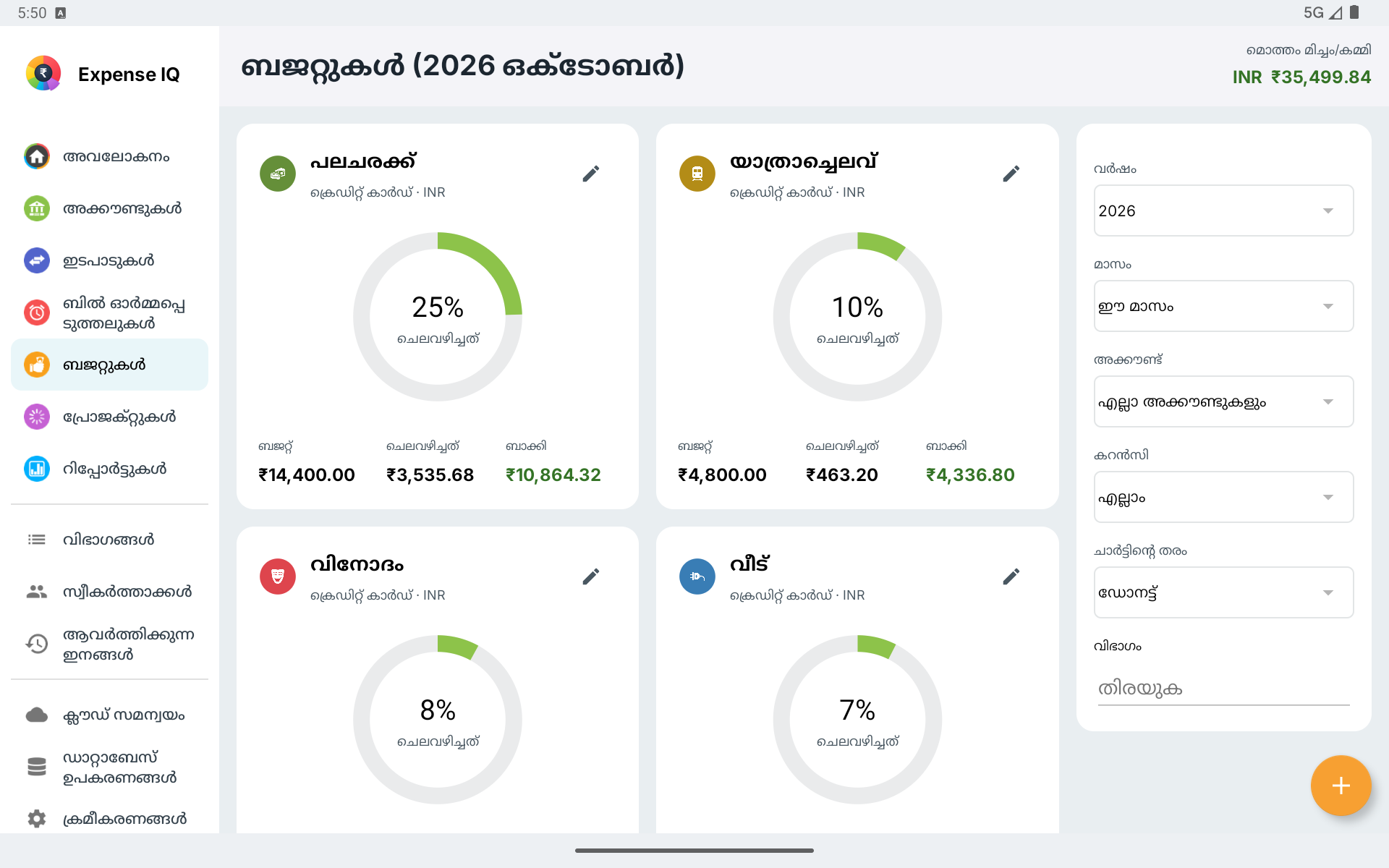 തിരശ്ചീന Android ടാബ്‌ലെറ്റിലെ ബജറ്റ് കാർഡുകളും ഫിൽട്ടർ പാനലും