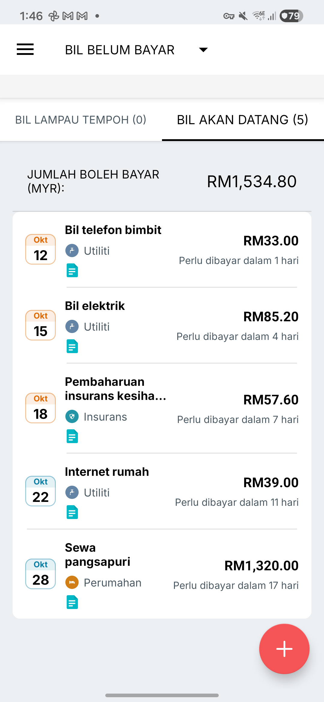 Skrin peringatan bil Expense IQ