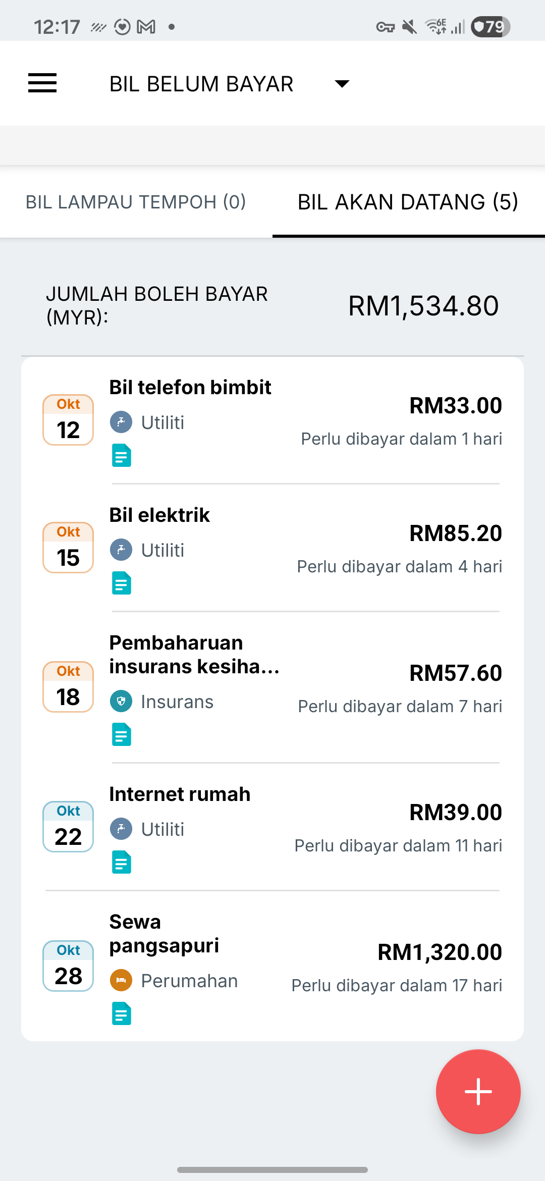 Skrin peringatan bil Expense IQ