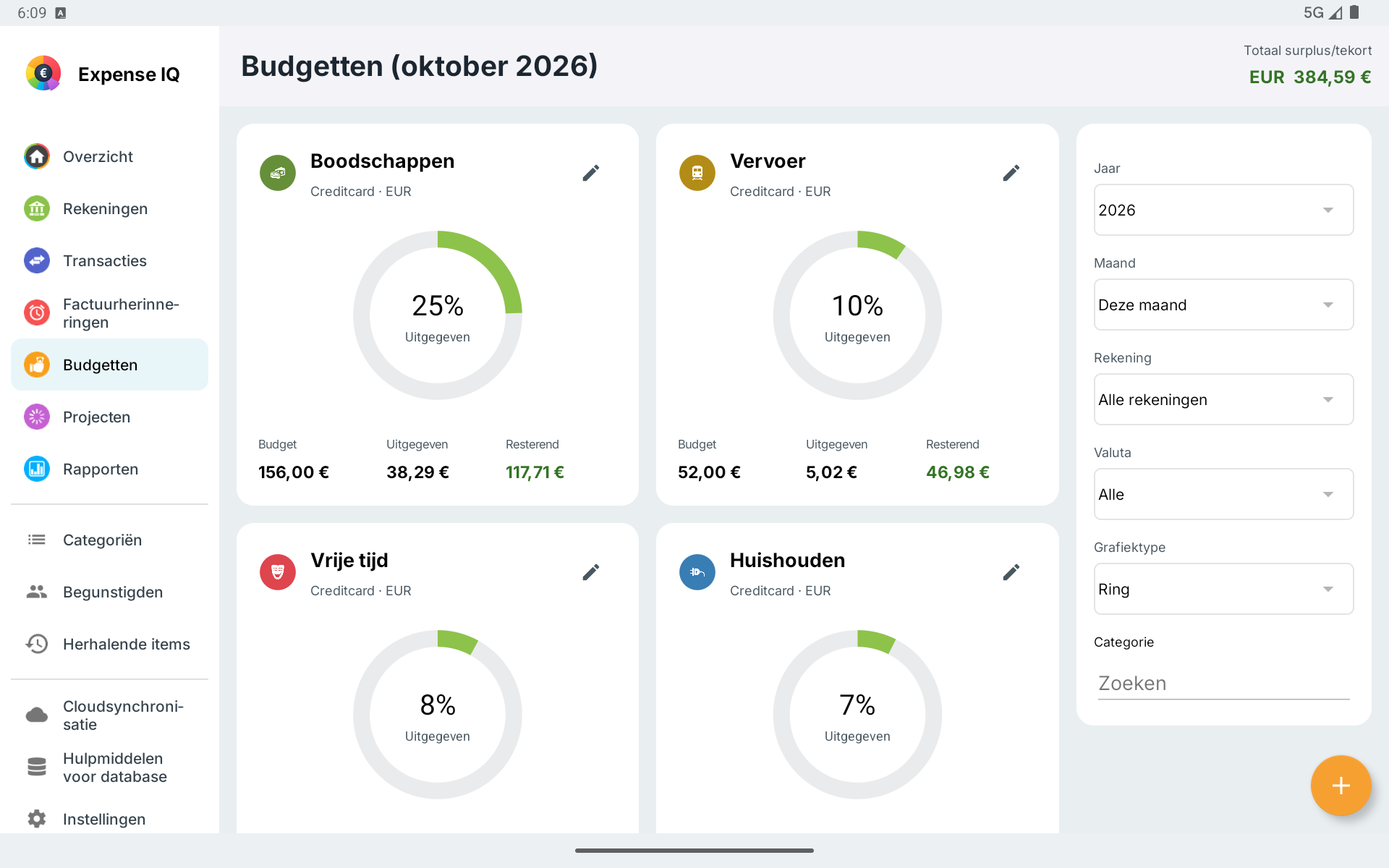 Budgetkaarten en filters op een liggende Android-tablet