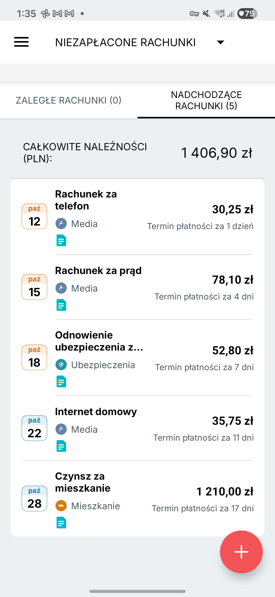 Ekran przypomnień o rachunkach Expense IQ