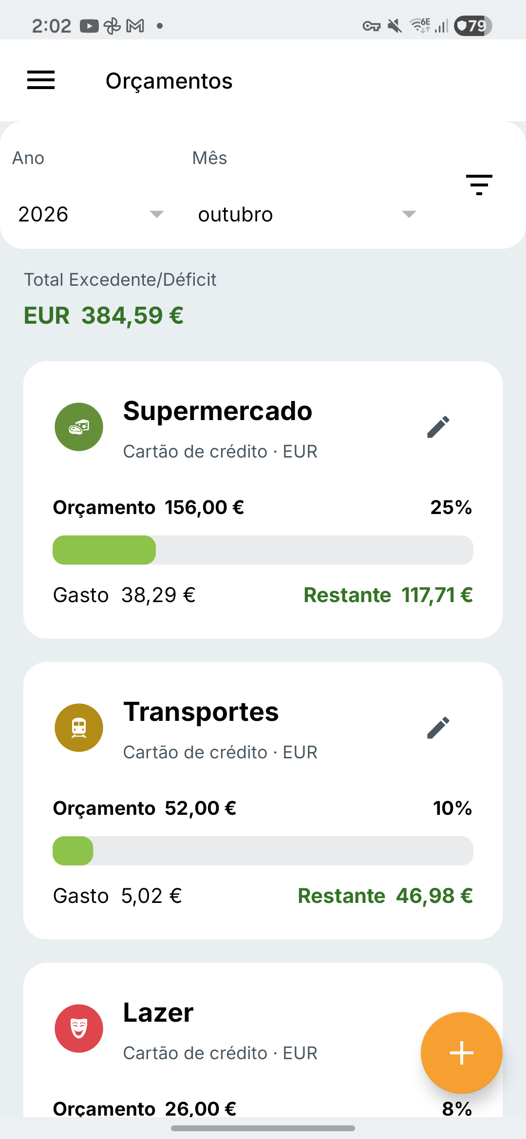 Ecrã de orçamentos do Expense IQ