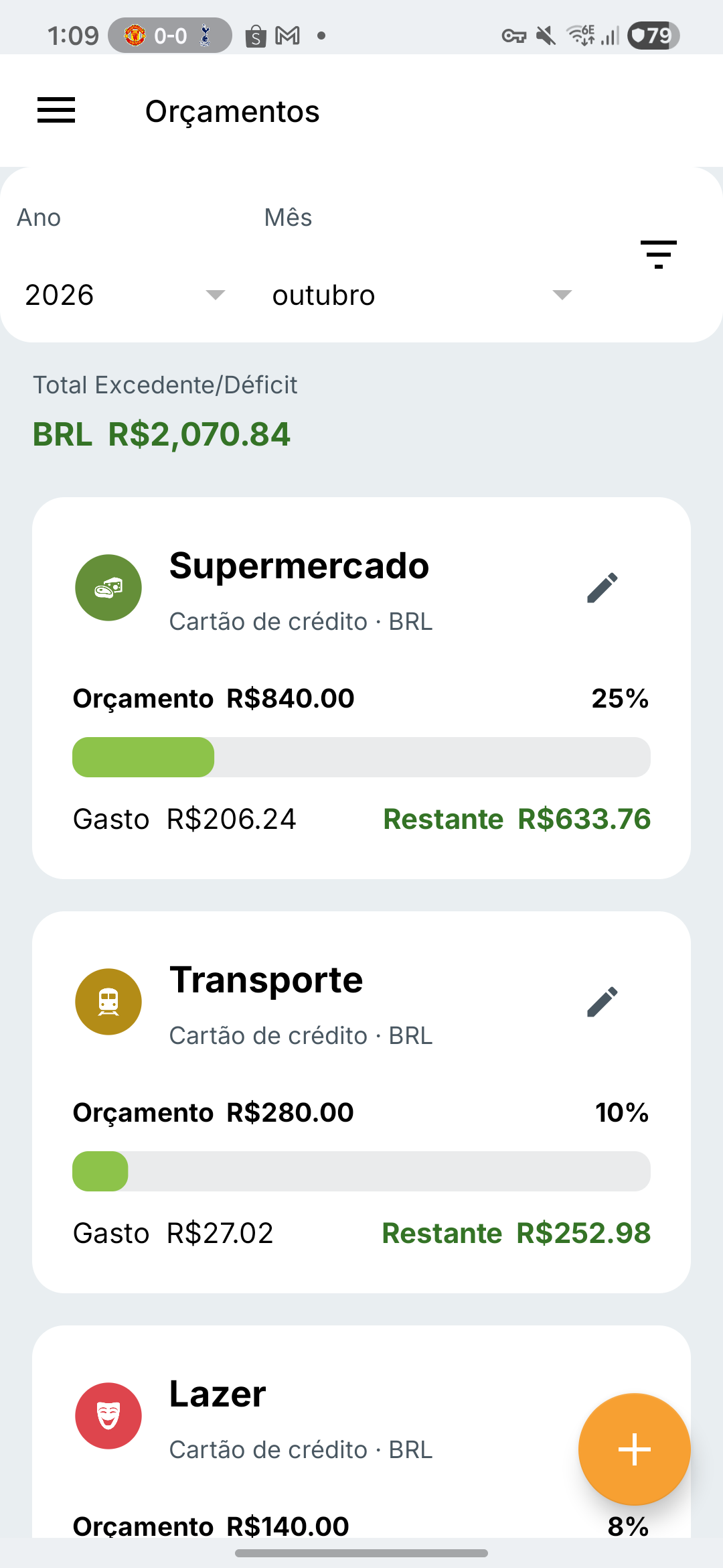 Tela de orçamentos no Samsung