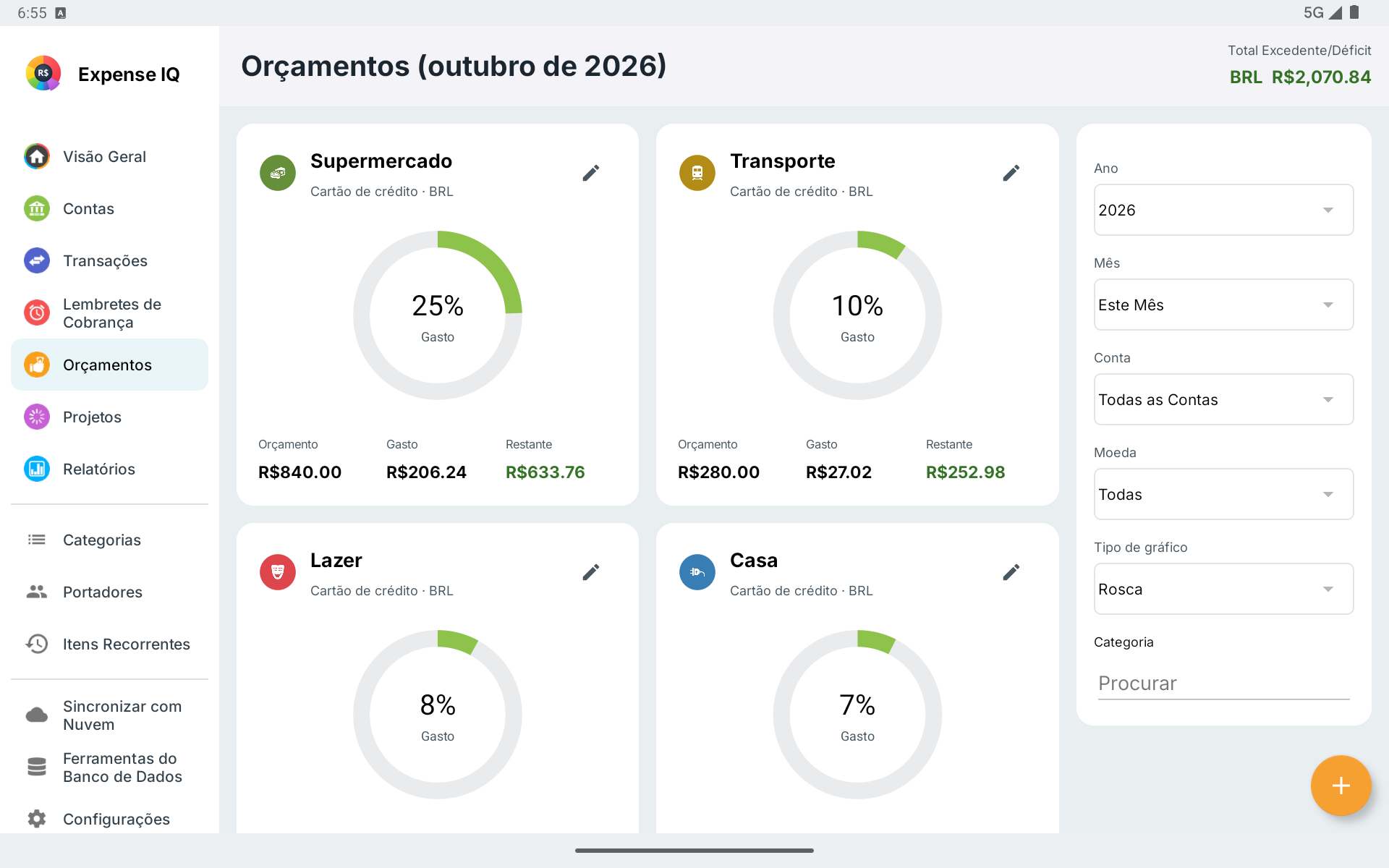 Cartões de orçamento e filtros em tablet Android horizontal