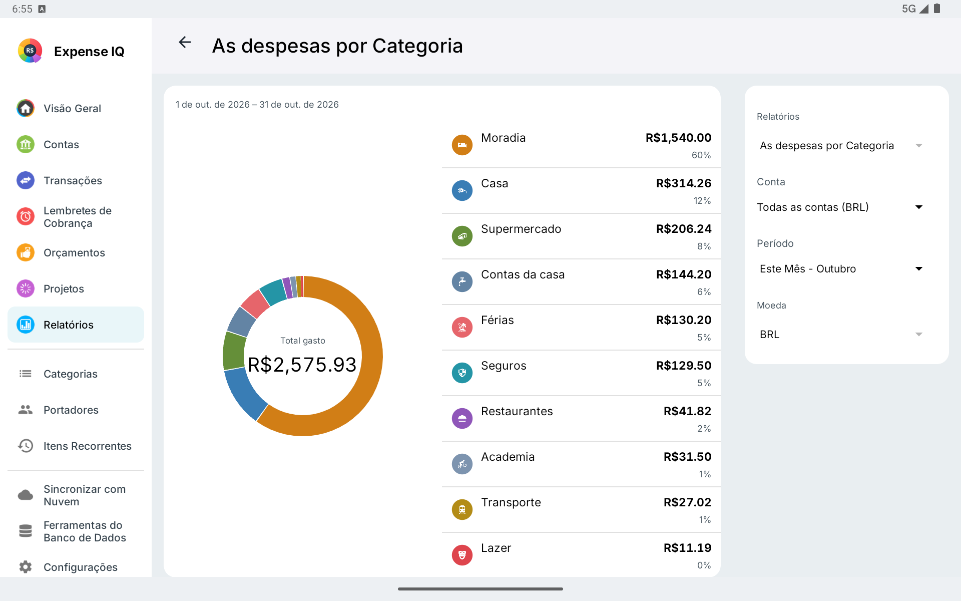 Relatório por categoria em tablet Android horizontal