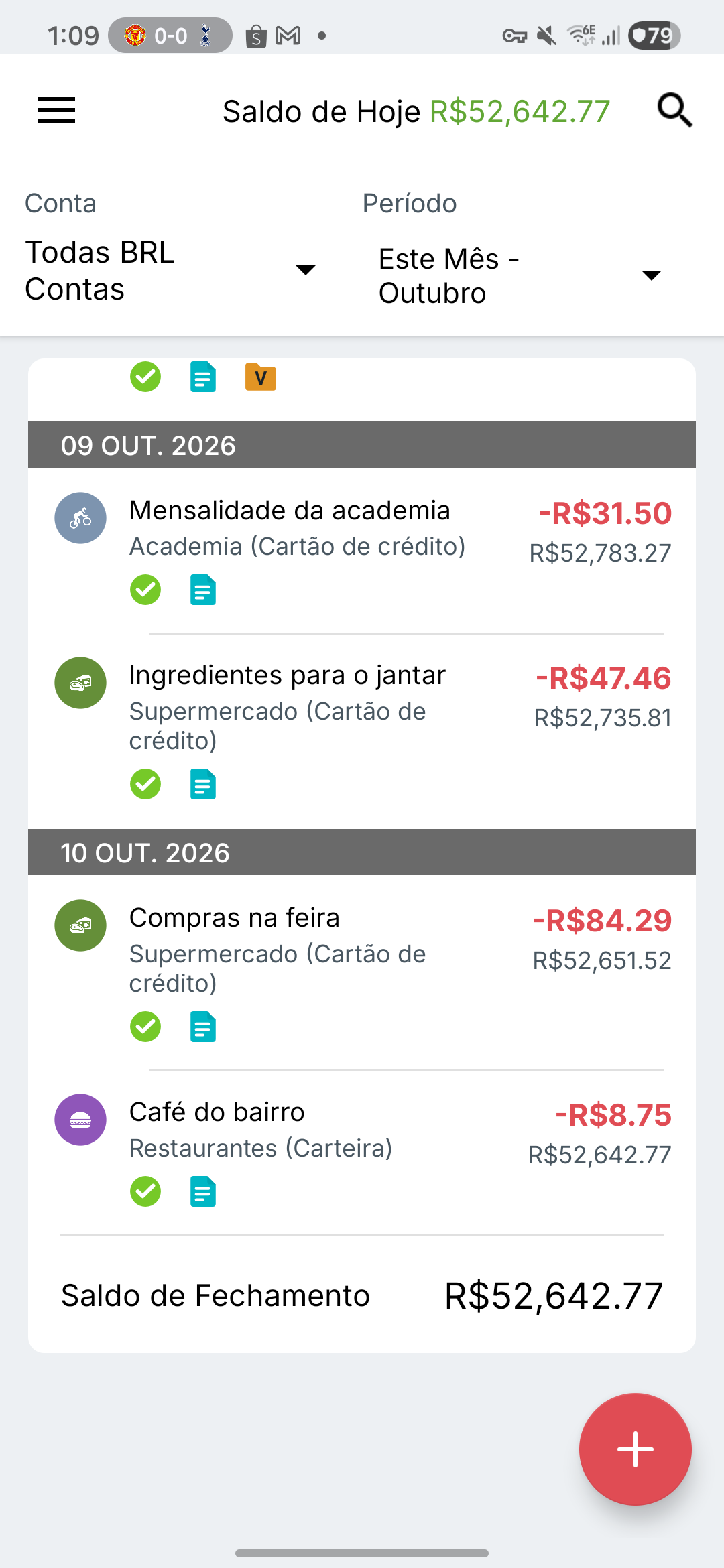 Tela de transações no Samsung