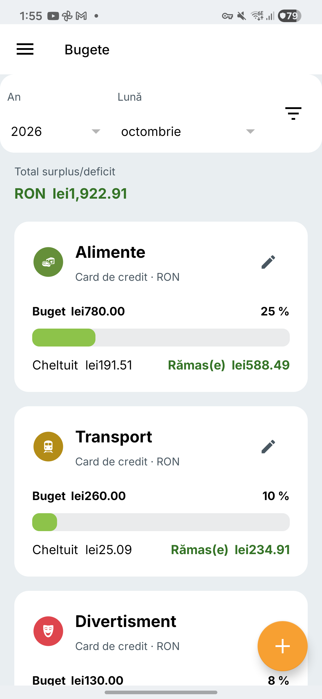 Ecranul de bugete Expense IQ