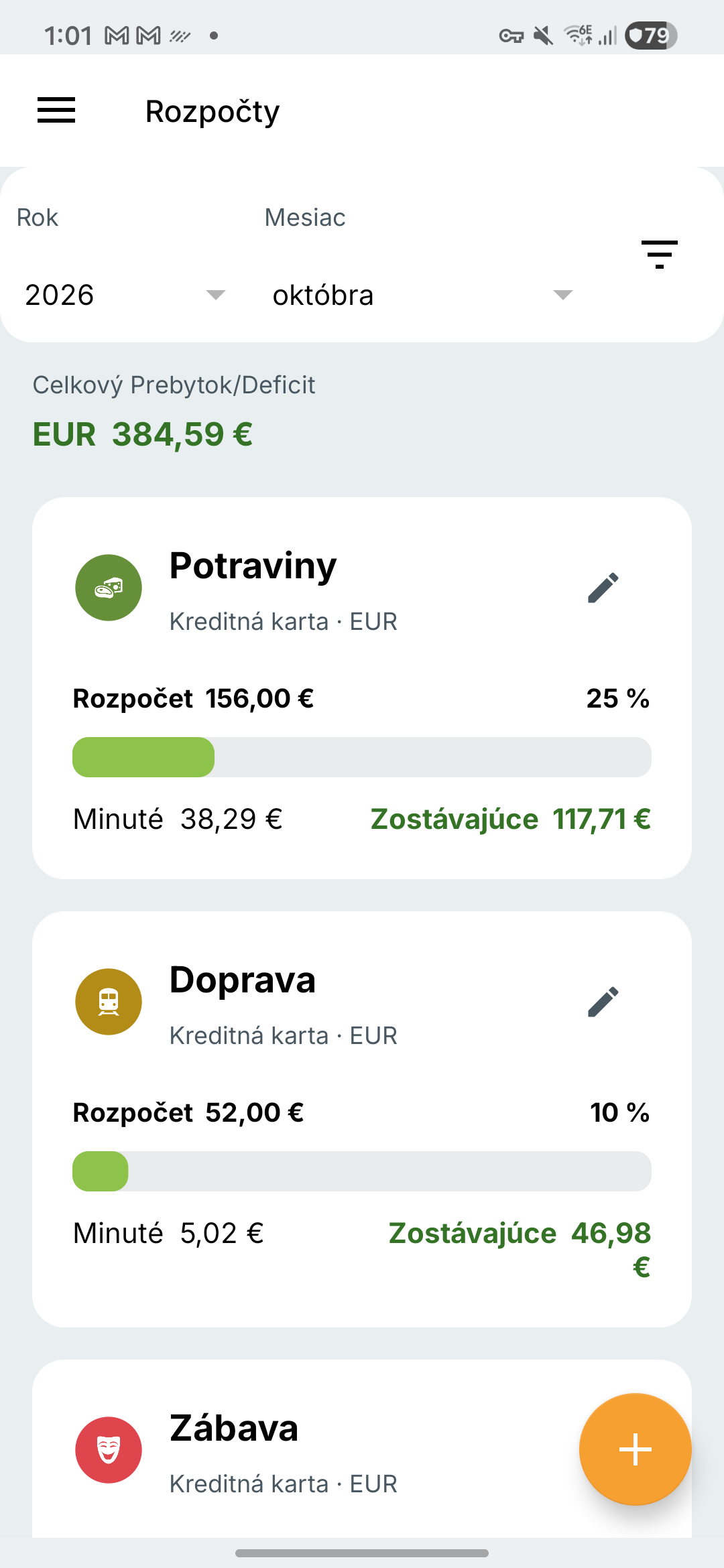 Obrazovka rozpočtov Expense IQ