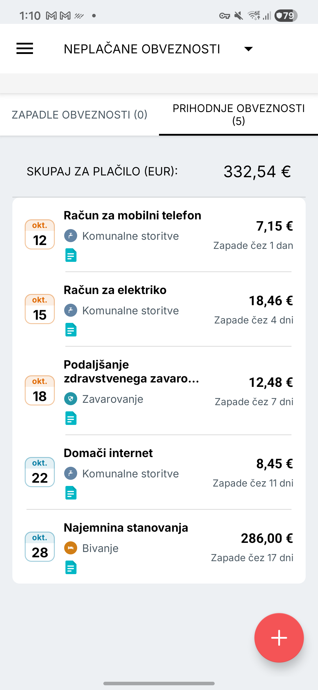 Zaslon opomnikov za račune Expense IQ