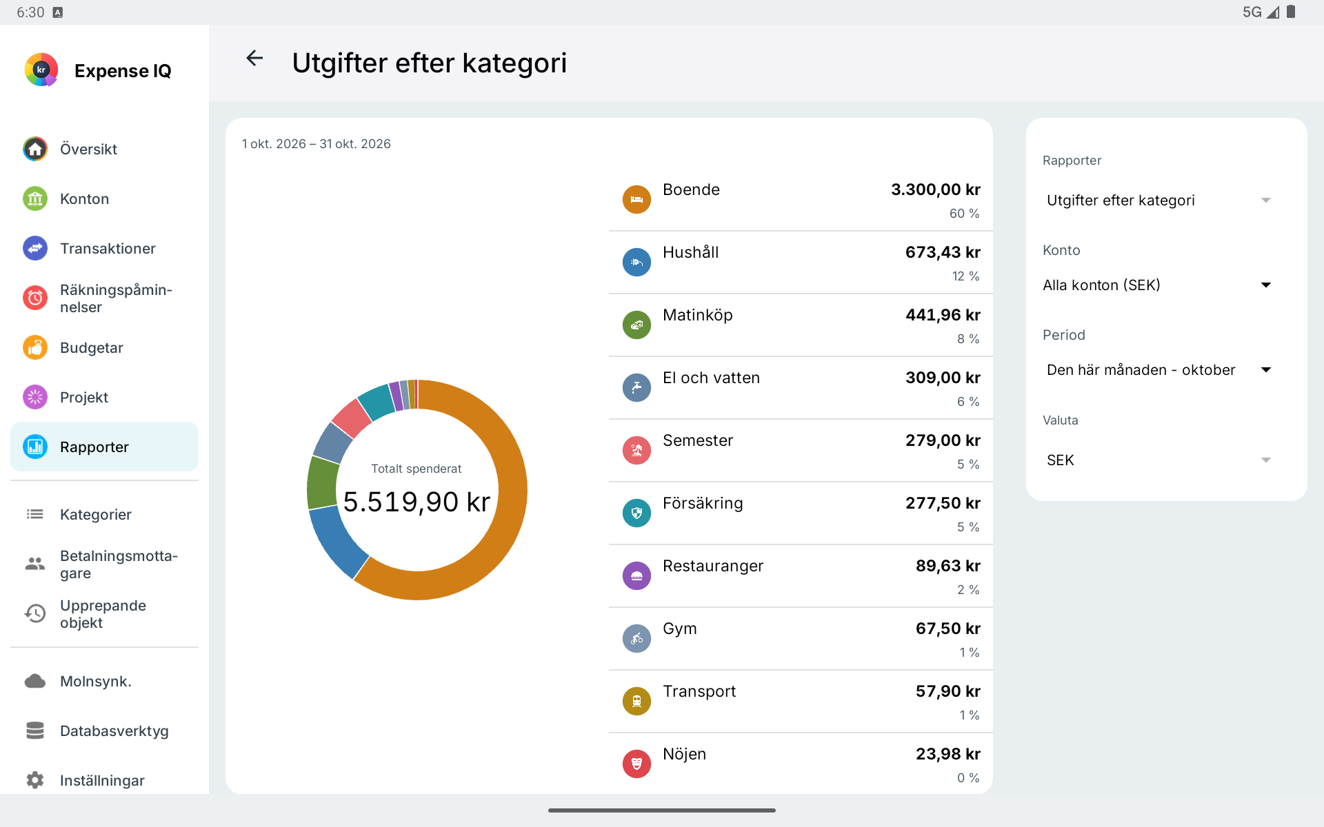Utgiftsrapport per kategori på Android-surfplatta i liggande läge
