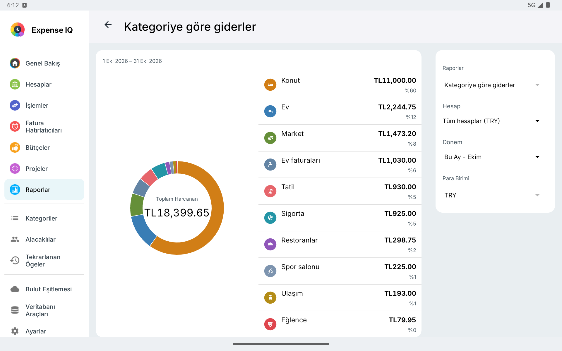 Yatay Android tablette kategoriye göre gider raporu