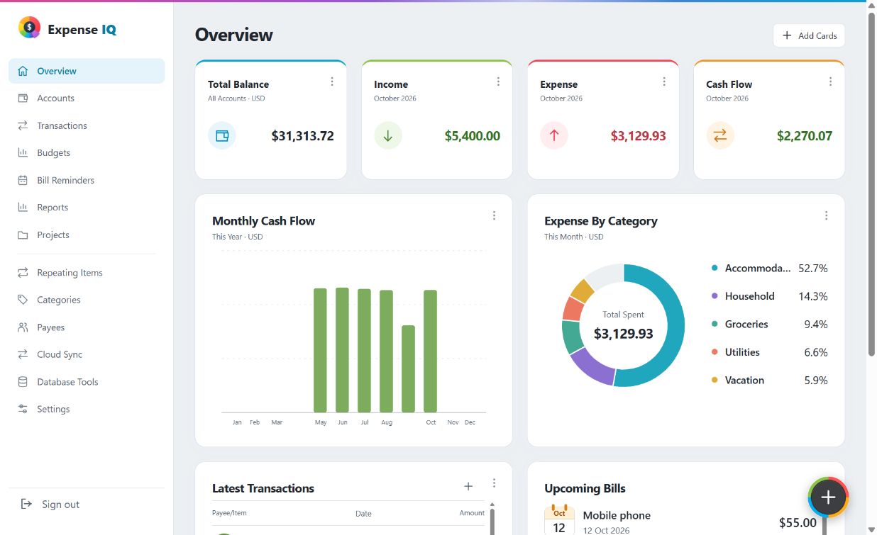 Actual Expense IQ web dashboard showing fictional USD household finances