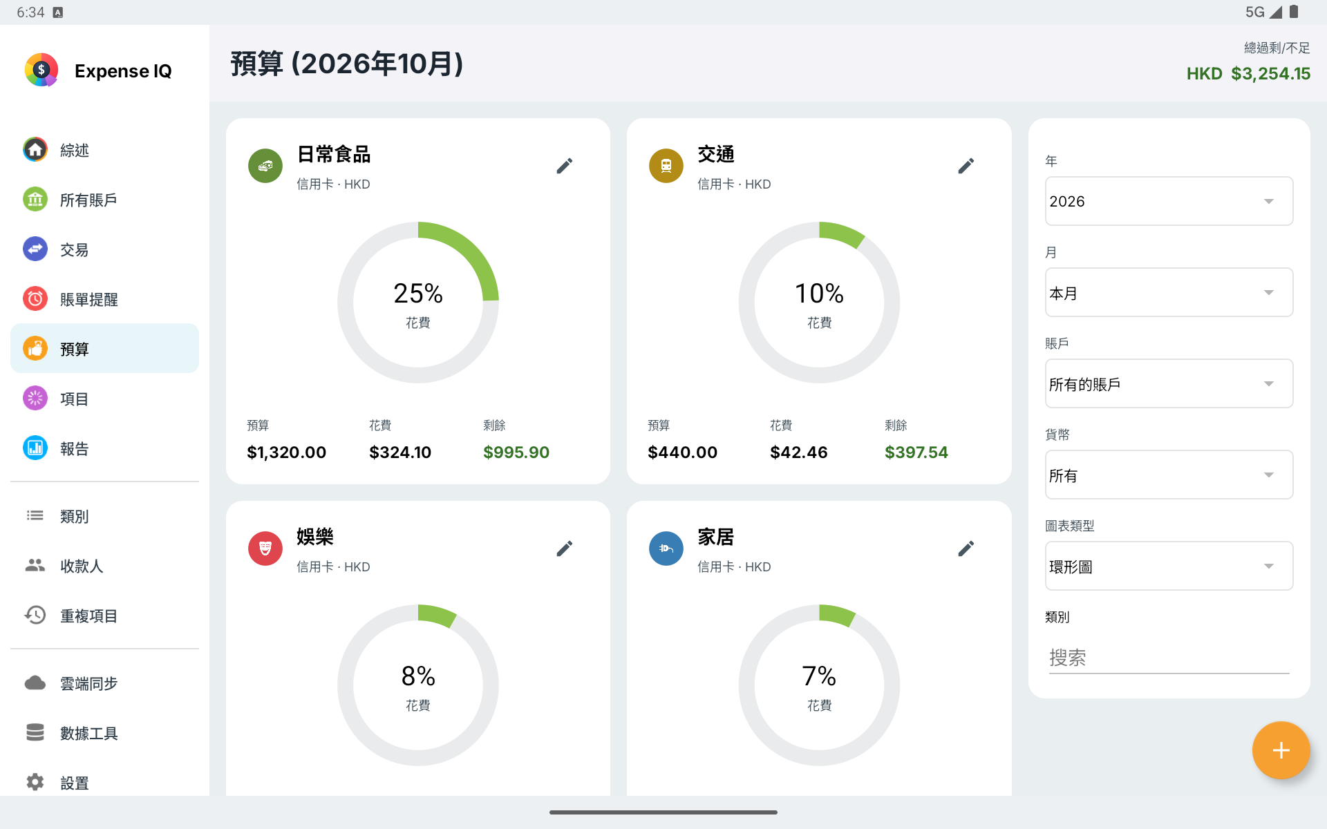 Android 平板橫向預算卡片與篩選面板